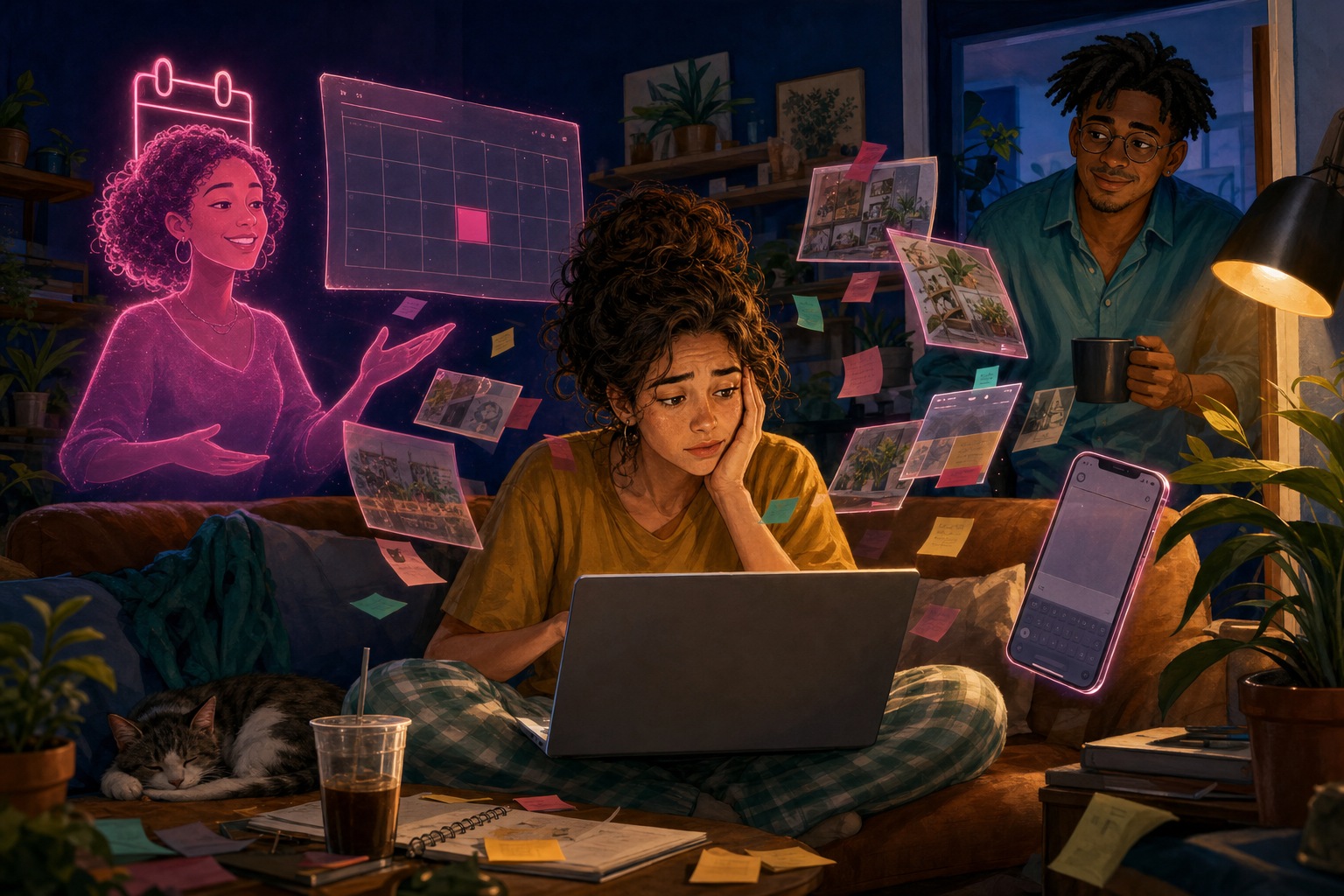 Dani no sofá, de pijama, cercada por post-its flutuantes, um calendário vazio e a tela em branco do celular enquanto Rafa observa com uma caneca na mão