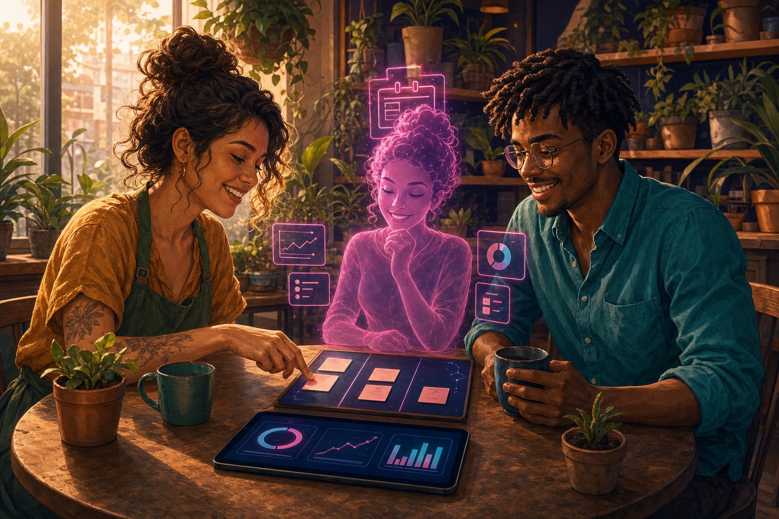 Dani e Rafa sentados à mesa da loja com um tablet mostrando três gráficos simples e um quadro onde movem cards entre manter e cortar