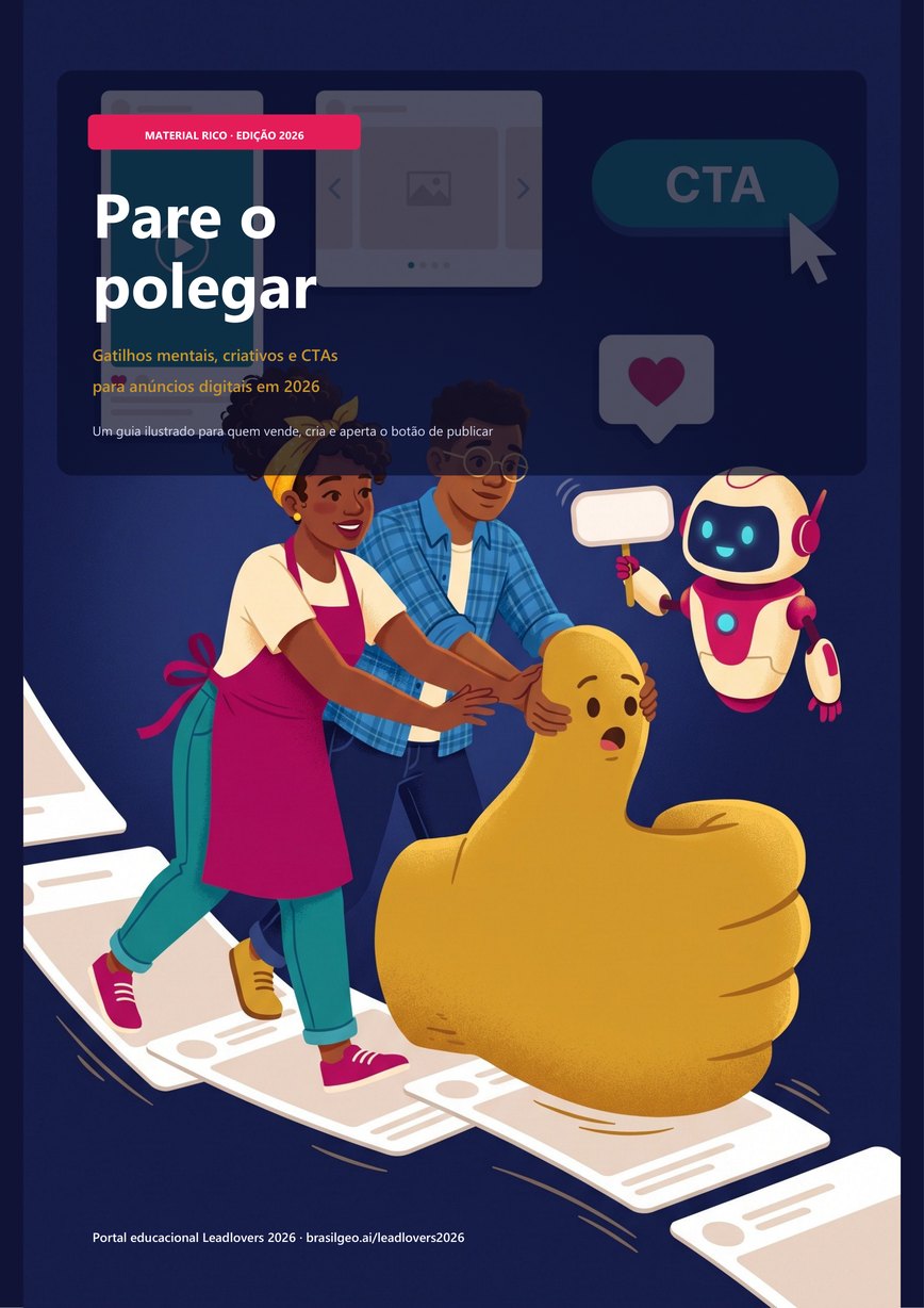 Capa do e-book Pare o polegar, com Rita, Téo e a automação Lídia empurrando um polegar dourado gigante sobre uma trilha de anúncios