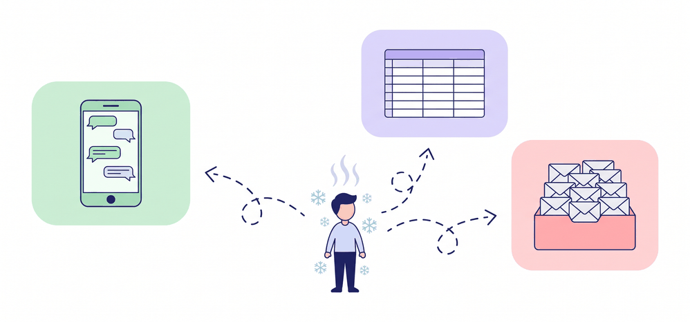 Ilustração flat das informações espalhadas: um aplicativo de mensagens no celular do vendedor, uma planilha e uma caixa de e-mail lotada aparecem em painéis separados, enquanto no centro um cliente interessado esfria, cercado de flocos de gelo, com setas tracejadas que partem dele sem se conectar a nenhum dos três lugares.