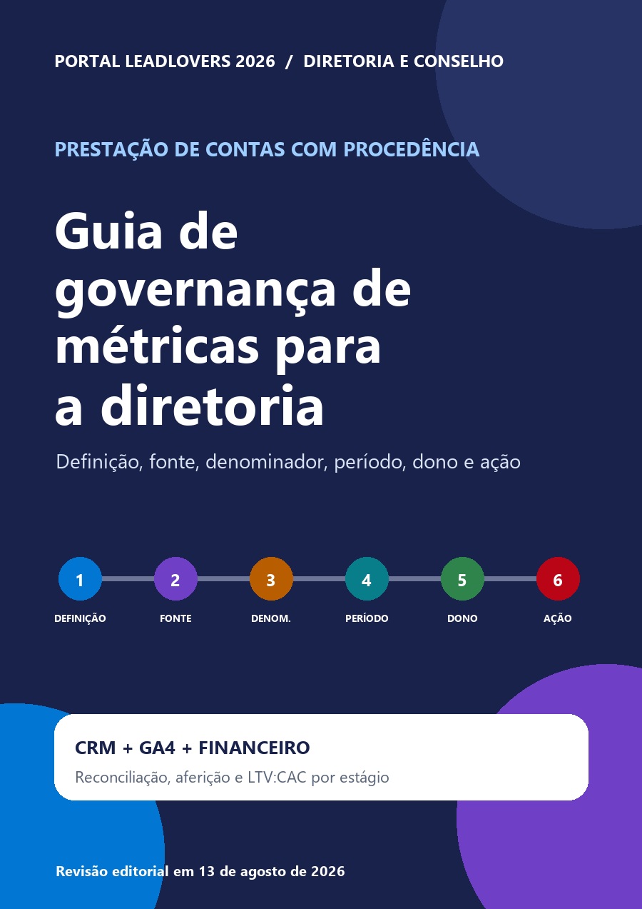 Capa do e-book Guia de governança de métricas para a diretoria, com um painel executivo conectado a contratos, fontes e decisões