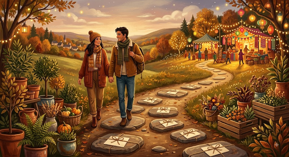 Dani e Rafa caminham por uma trilha de pedras que carregam envelopes em branco e levam a uma barraca de feira iluminada no horizonte, com o cenário de outono ganhando luzes festivas perto do destino
