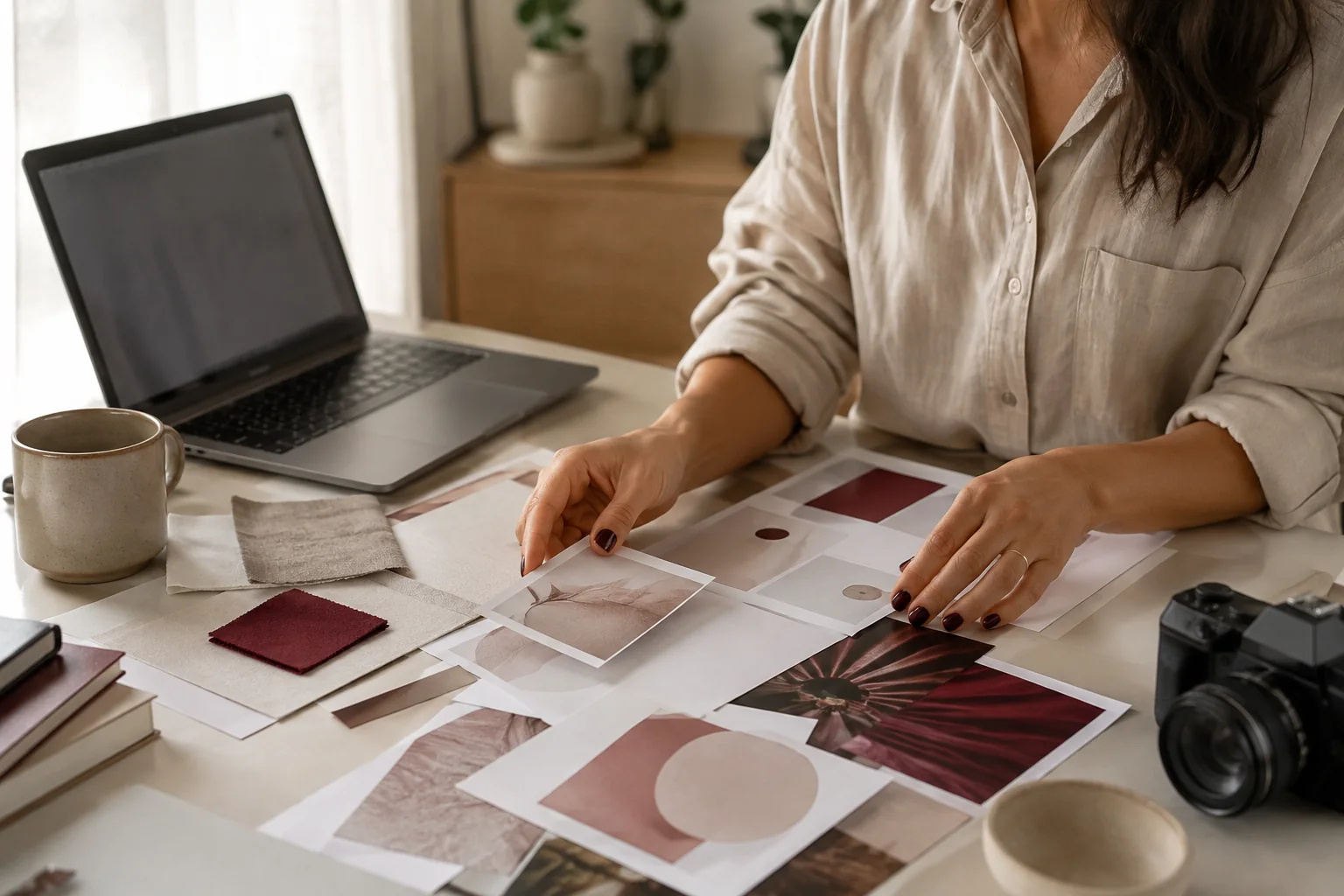 Mesa de criação de marketing com notebook, fotografias e materiais de planejamento em um estúdio iluminado.