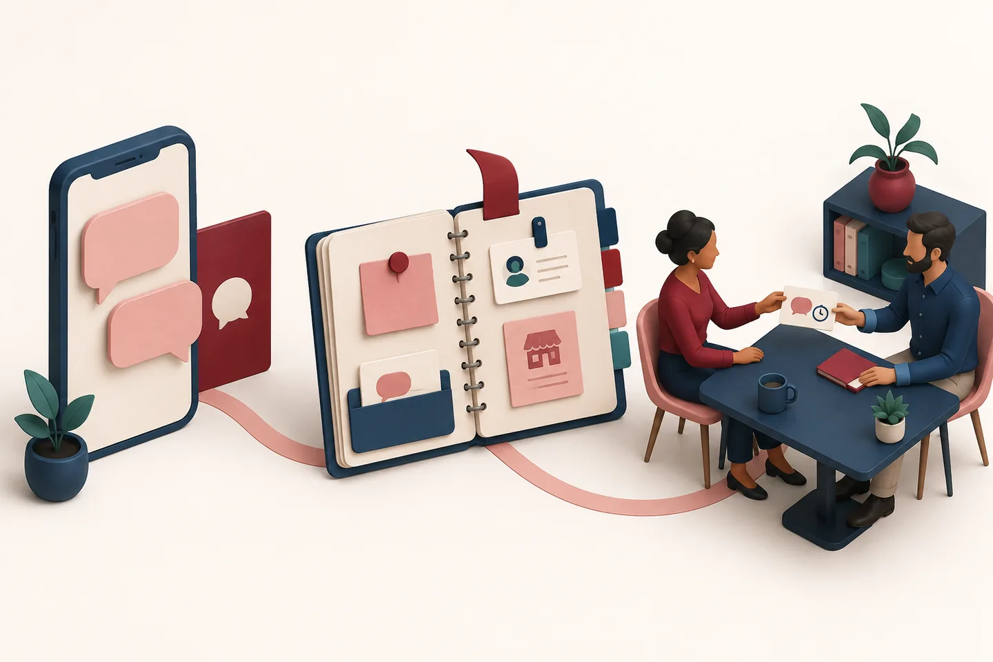 Telefone, caderno com contexto e passagem de uma ficha entre duas pessoas.
