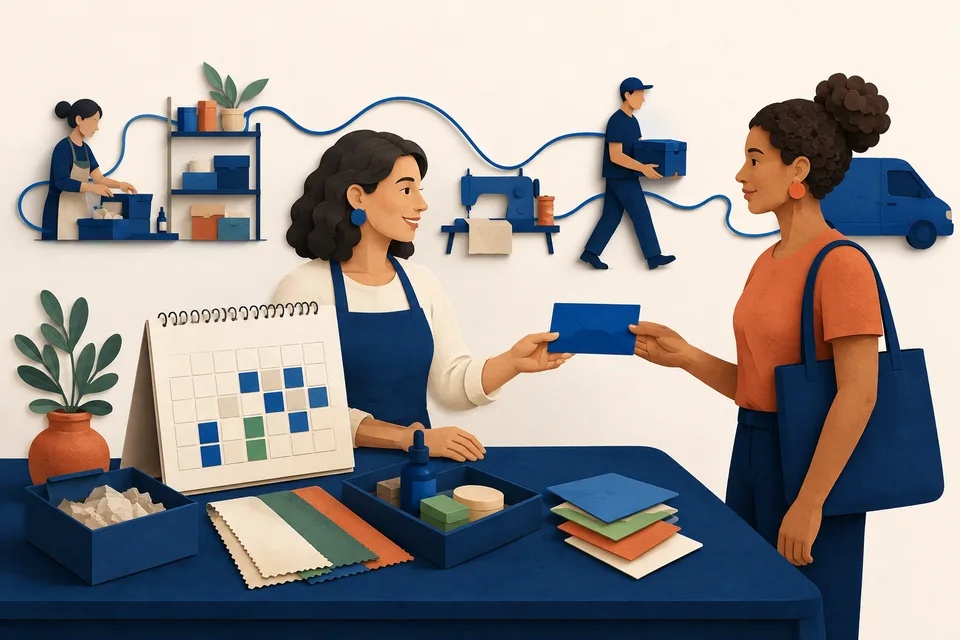 Uma pessoa confere a agenda antes de confirmar um pedido, com produção e entrega ao fundo.