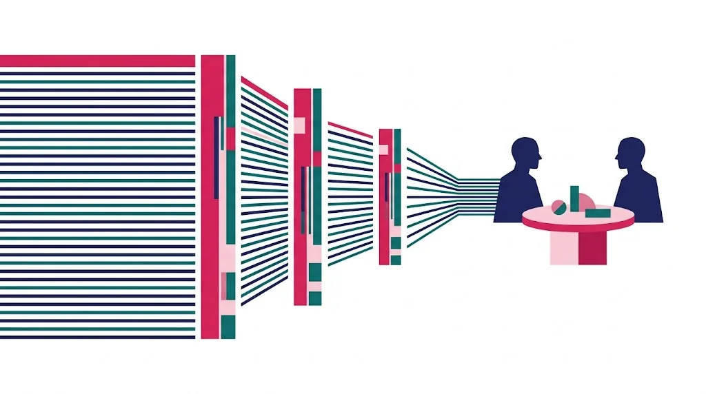 Ilustração de um bloco largo de linhas horizontais que atravessa três placas verticais de triagem, estreita a cada passagem e termina em duas pessoas sentadas frente a frente numa mesa redonda.