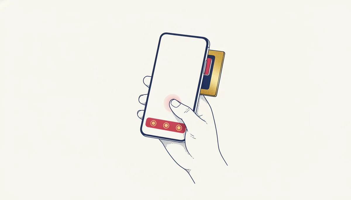 Ilustração de uma mão segurando um celular com o polegar tocando a tela, uma barra inferior de navegação em rosa com três botões dourados ao alcance do polegar e uma gaveta lateral dourada entreaberta atrás do aparelho.