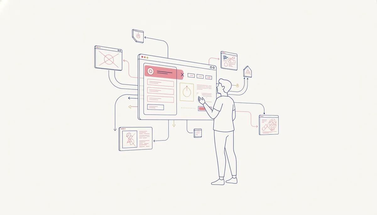 Ilustração em traço azul-marinho com destaques rosa e dourado de uma pessoa diante de uma grande interface flutuante, na qual um menu em destaque dispara setas e caminhos que levam a várias telas menores ao redor.