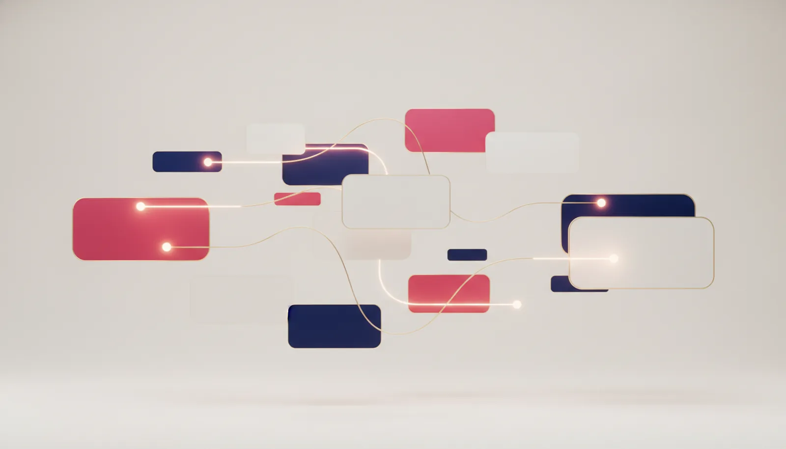 Ilustração abstrata de cartões retangulares em rosa, azul-marinho e branco flutuando sobre fundo claro, conectados por linhas douradas luminosas com nós de luz, evocando componentes de interface trocando dados