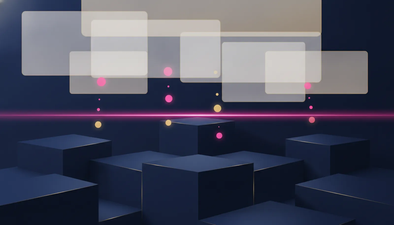 Ilustração abstrata em duas camadas: blocos geométricos azul-marinho na parte inferior e painéis translúcidos claros na superior, separados por uma linha luminosa rosa que pacotes de luz rosa e dourados atravessam, evocando a fronteira entre servidor e navegador