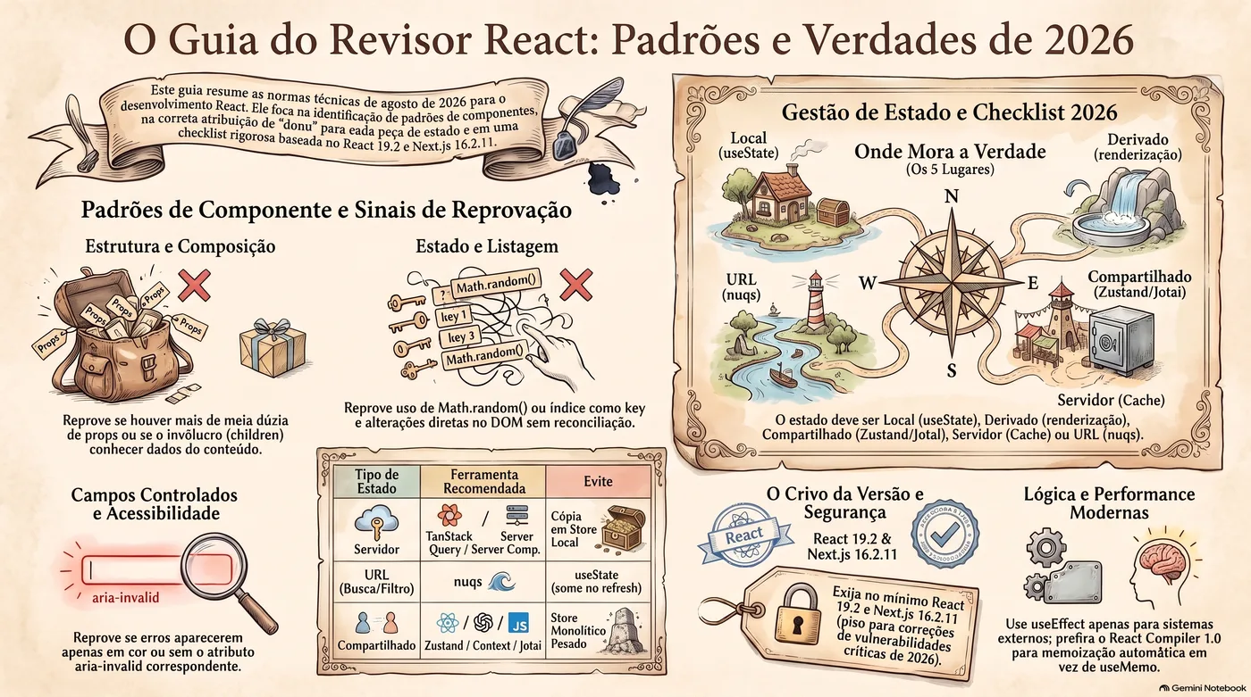Infográfico ilustrado em estilo de mapa antigo resumindo o guia: padrões de componente com sinais de reprovação, o mapa dos cinco lugares do estado (local, derivado, compartilhado, servidor e URL), a tabela de ferramenta por tipo de estado, o piso de versão React 19.2 e Next.js 16.2.11 e a regra do useEffect só para sistemas externos