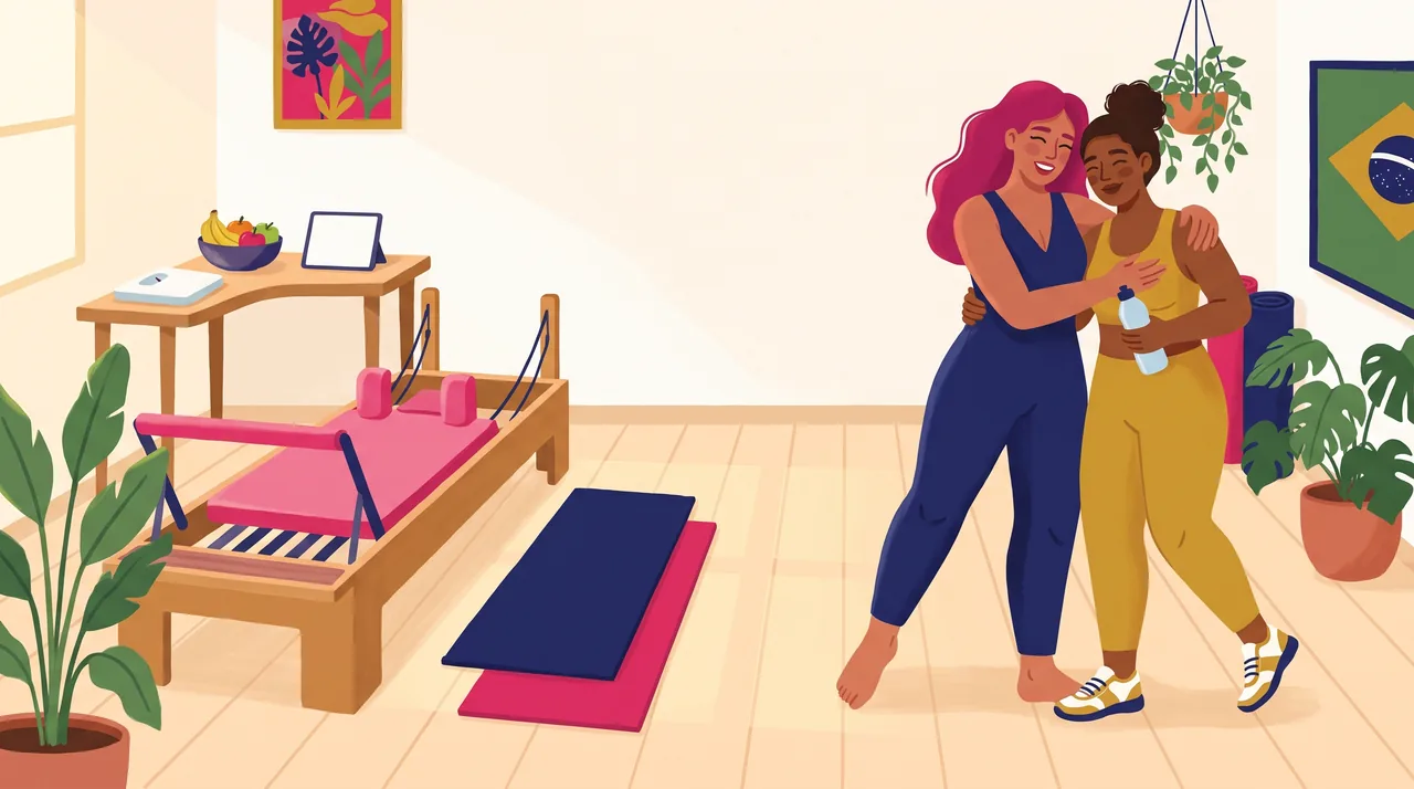 Professora recebe aluna nova para a aula experimental em estúdio de pilates, com mesa de nutrição ao fundo.