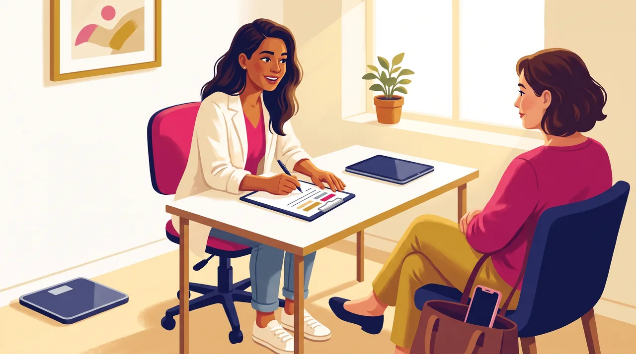 Nutricionista preenchendo ficha de anamnese em papel durante consulta com paciente, com tablet fechado ao lado da mesa, em consultório pequeno e simples.
