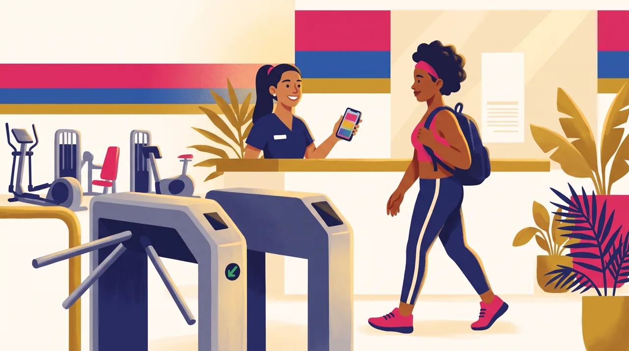 Recepção de academia de bairro com catraca, recepcionista com celular no balcão e aluno entrando com mochila.