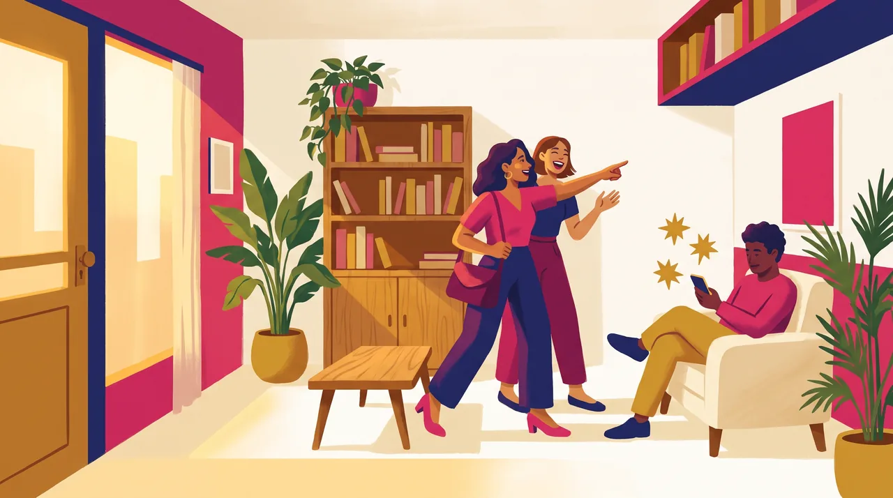 Recepção de um pequeno escritório de advocacia: duas pessoas conversam e indicam o lugar enquanto uma terceira confere avaliações no celular