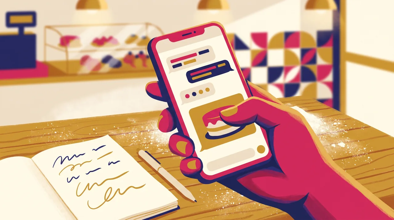 Mão segurando o celular com uma conversa e a foto de um bolo, ao lado de um caderno de pedidos aberto