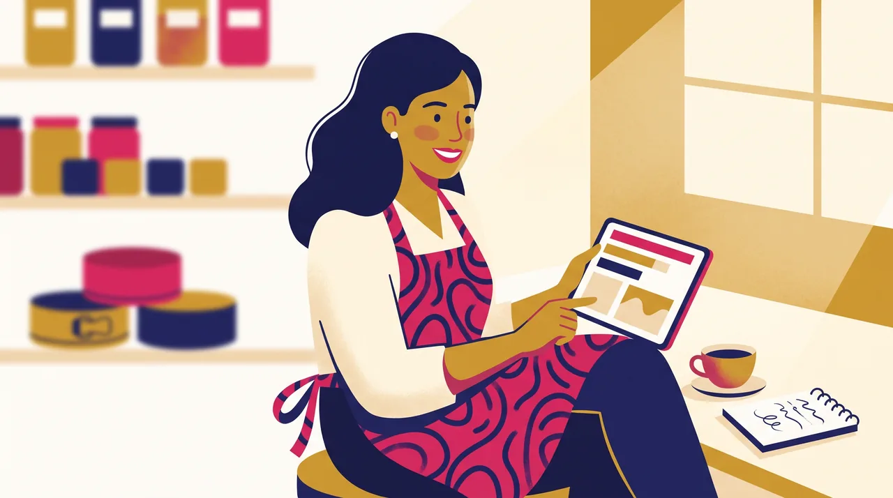 Dona de confeitaria revisando um painel simples de números no tablet, com café e bloco de anotações ao lado, numa cozinha artesanal.