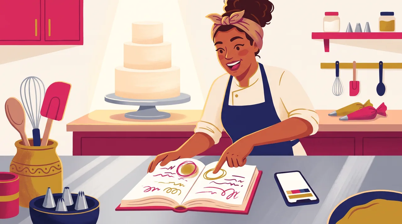 Confeiteira conferindo o caderno de encomendas na bancada, com o celular ao lado e um bolo de casamento em preparo ao fundo.