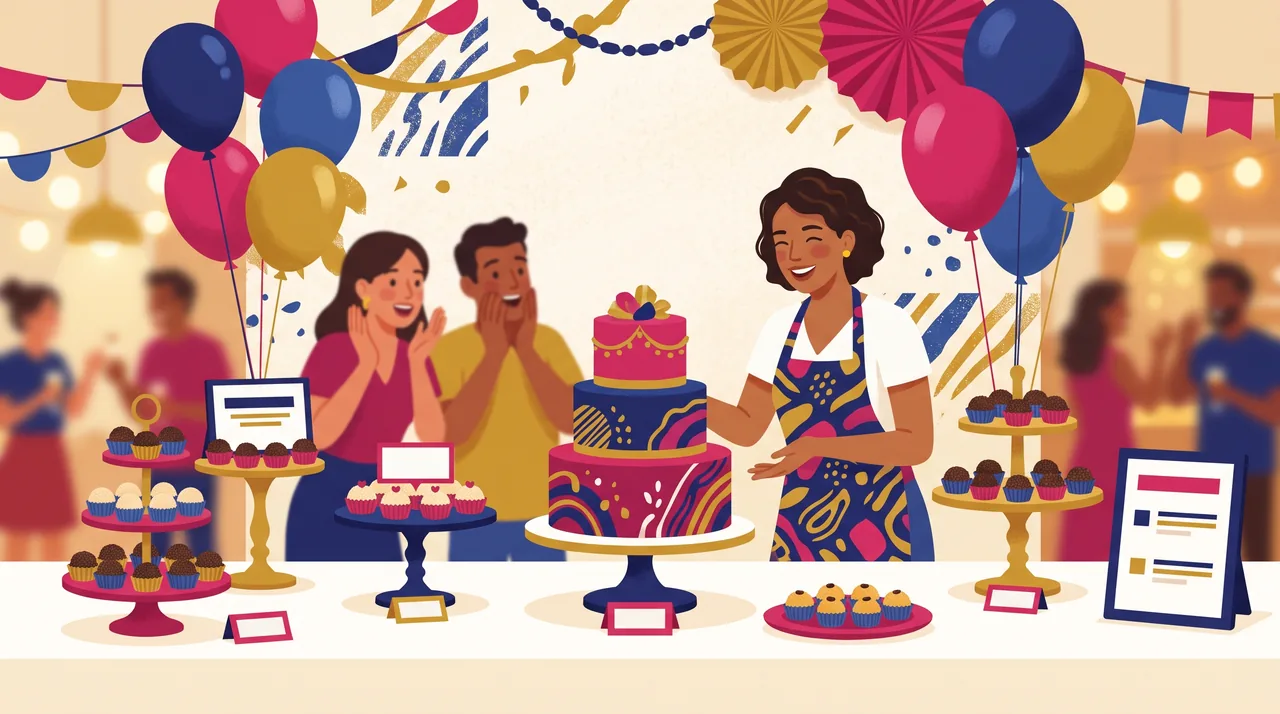 Mesa de festa com bolo decorado ao centro, doces em suportes e convidados desfocados ao fundo