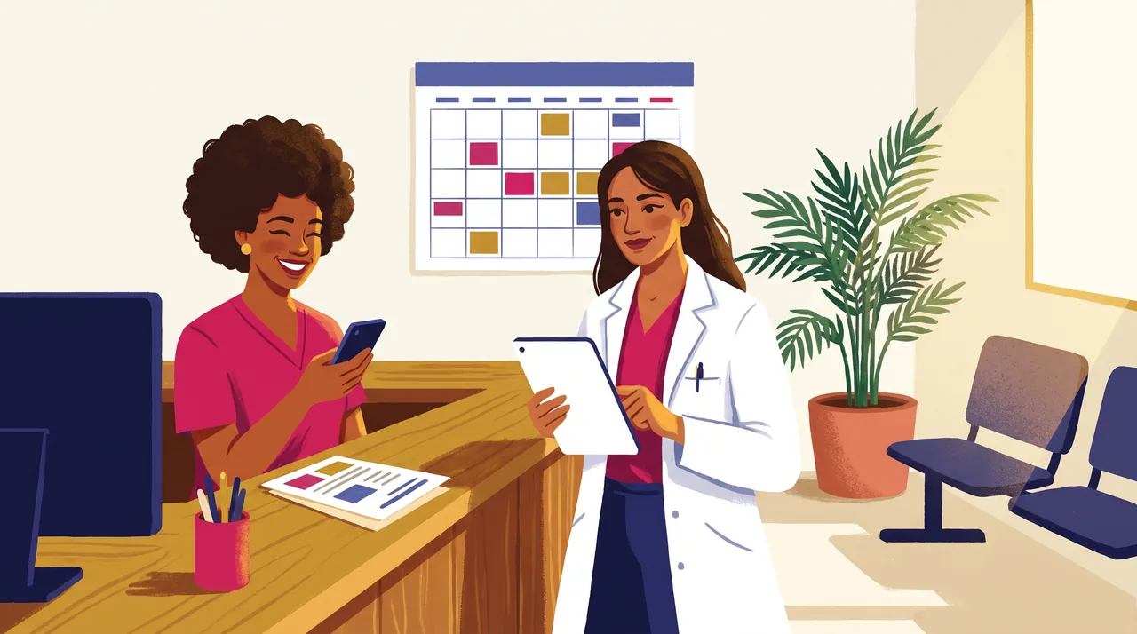 Recepcionista e médica conversam no balcão de uma clínica pequena, com celular, tablet e agenda de parede ao fundo.