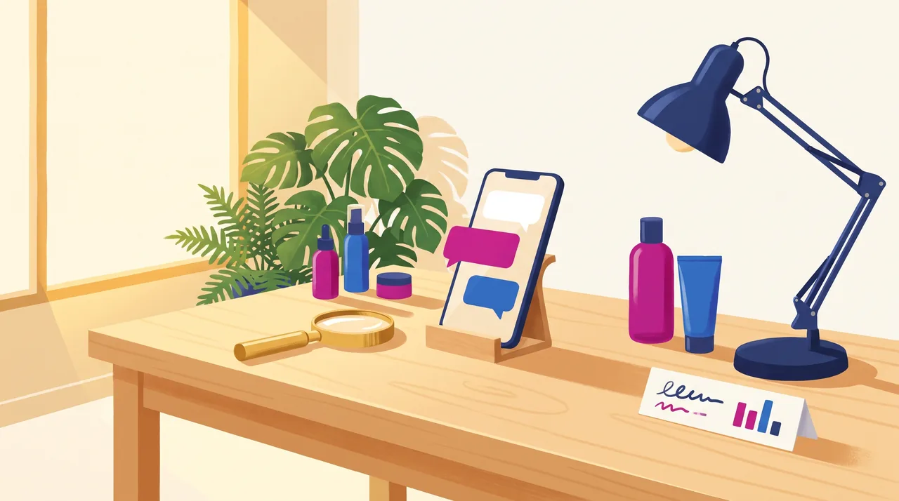 Consultório de dermatologia vazio, com celular em suporte mostrando balões de conversa abstratos, lupa e frascos sem rótulo.