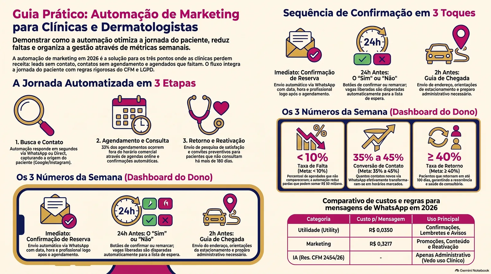 Infográfico com o resumo do guia: vazamentos da clínica, réguas na Leadlovers, agente de IA e os três números da semana.