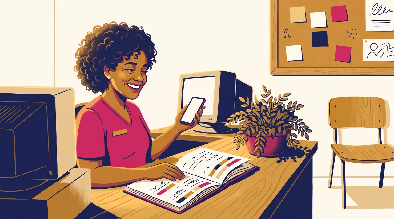 Recepcionista de clínica olha para o celular e para uma agenda de papel aberta, com quadro de avisos com post-its em branco ao fundo, montando uma mensagem de retorno para paciente que sumiu.