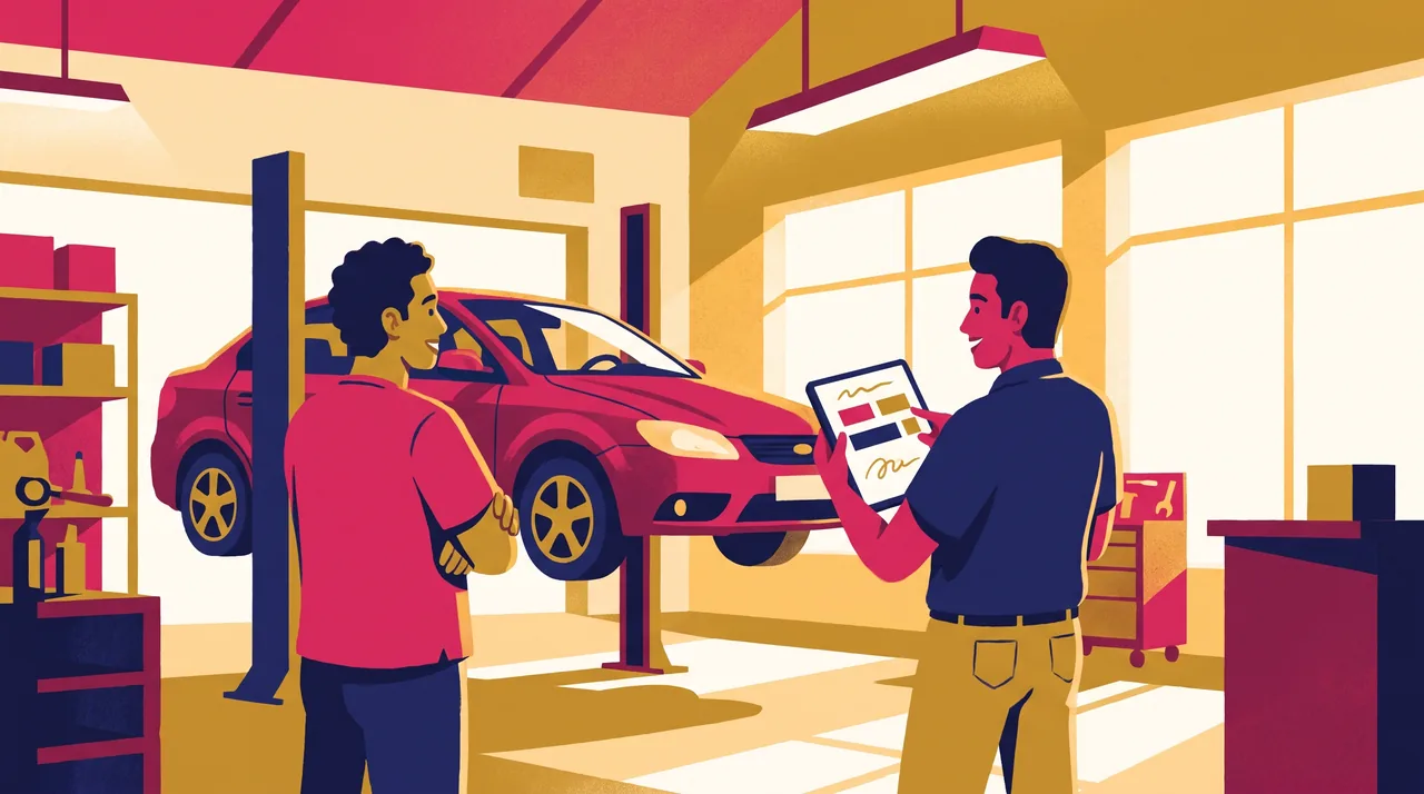 Consultor de pós-venda com tablet conversa com um cliente ao lado de um carro elevado na oficina.
