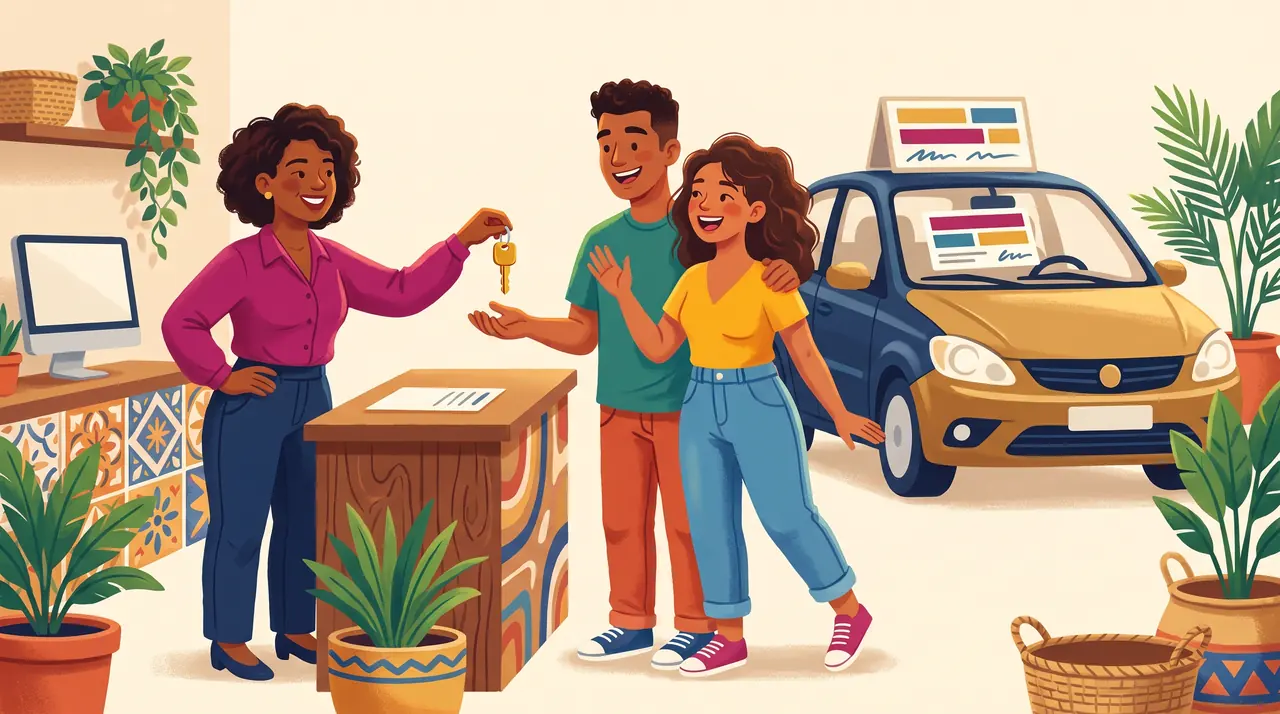 Vendedora entrega a chave de um carro a um casal jovem no balcão da loja antes do test-drive.