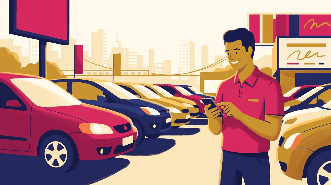 Vendedor de garagem multimarcas responde mensagens no celular no pátio, entre carros seminovos alinhados.