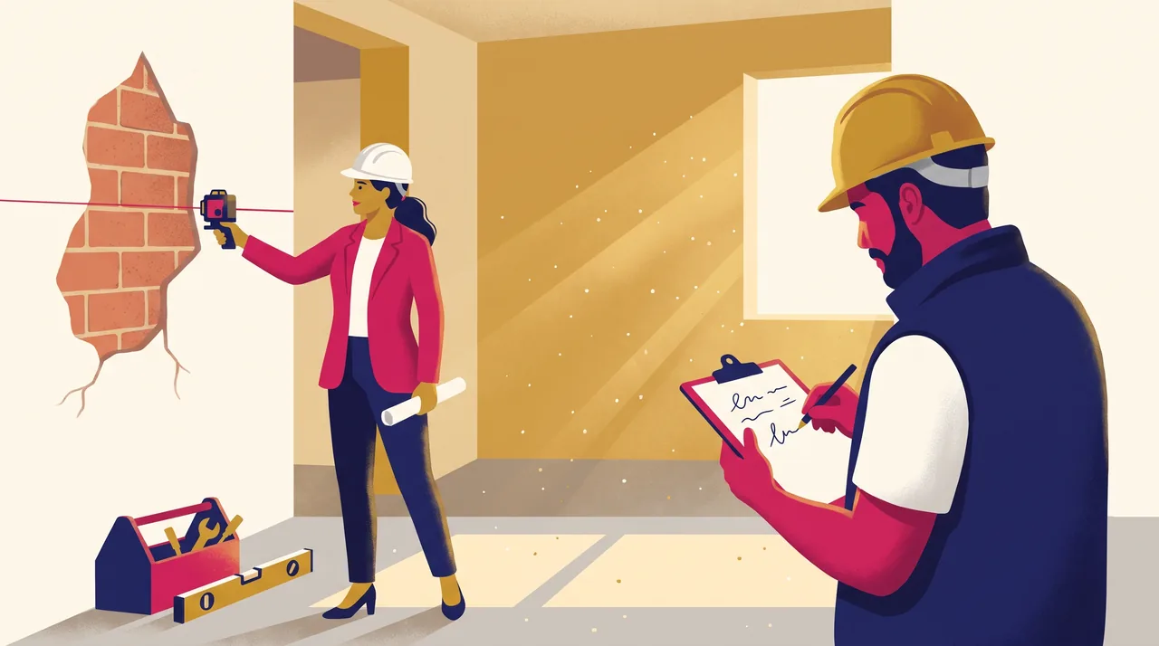 Arquiteta e mestre de obras medem uma parede com trena a laser dentro de um apartamento em reforma, com prancheta e capacete apoiados no contrapiso.