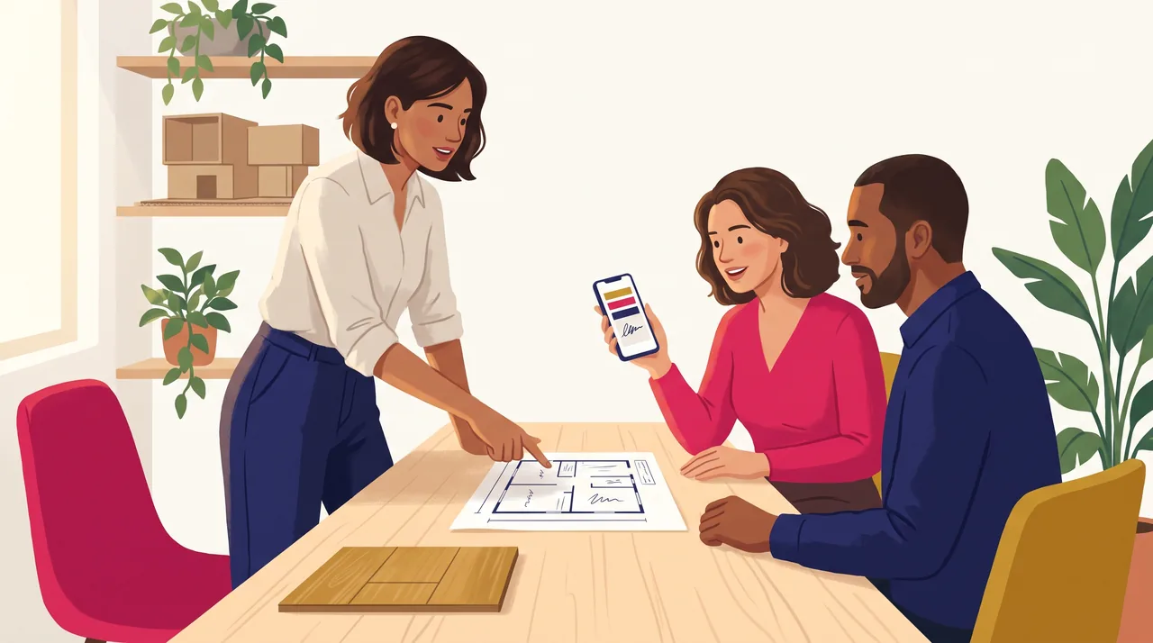 Arquiteta brasileira mostra uma planta impressa sobre a mesa para um casal de clientes, e um deles segura o celular.