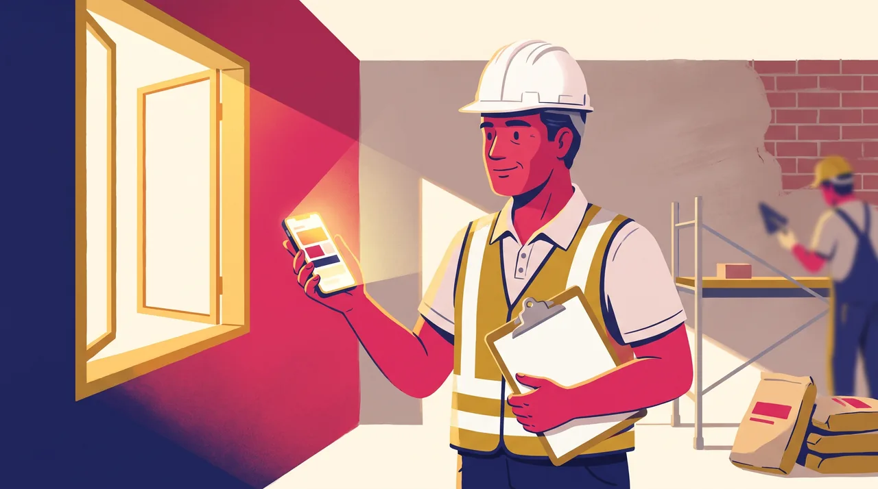 Dono de uma construtora pequena, de capacete e colete, em pé no canteiro de uma reforma, olhando o celular com a prancheta debaixo do braço.