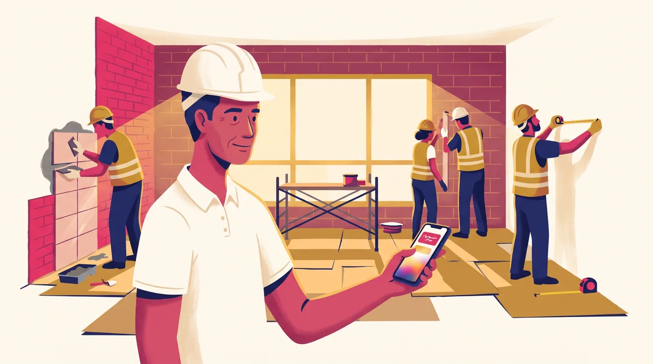 Obra de reforma de apartamento brasileiro com três profissionais trabalhando, e o dono da empresa de reformas olhando o celular.