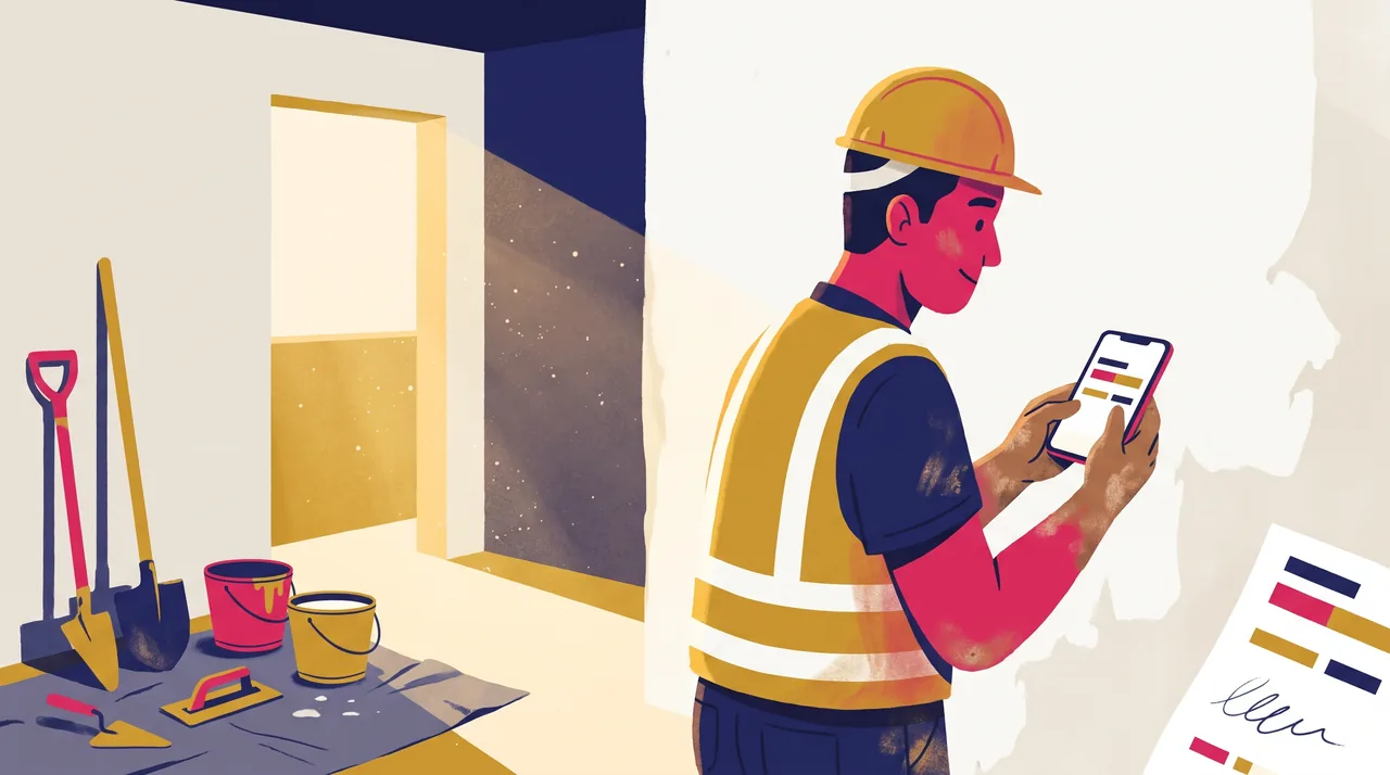 Mestre de obra de capacete olha o celular ao fim do dia, diante de uma parede recém-rebocada, dentro de uma reforma residencial brasileira.