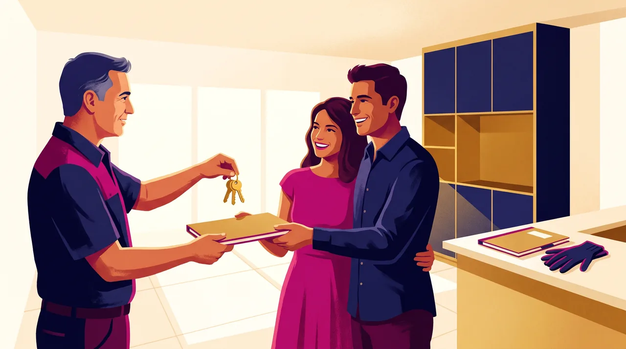 Responsável pela obra entrega o molho de chaves e uma pasta com o manual de uso a um casal de clientes, na sala recém-reformada de um apartamento brasileiro.
