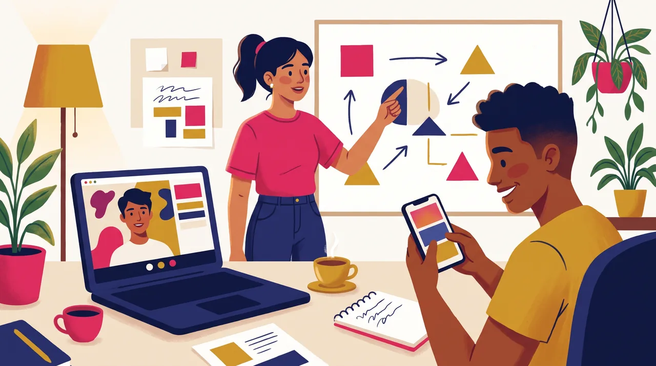 Equipe de três pessoas em agência pequena: videochamada, quadro branco com setas e atendimento pelo celular.