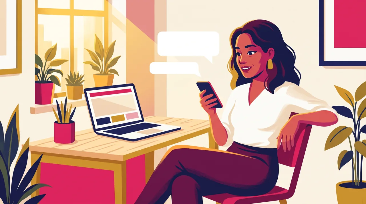 Consultora em home office olhando o celular ao lado do notebook, com balões de conversa em branco flutuando.
