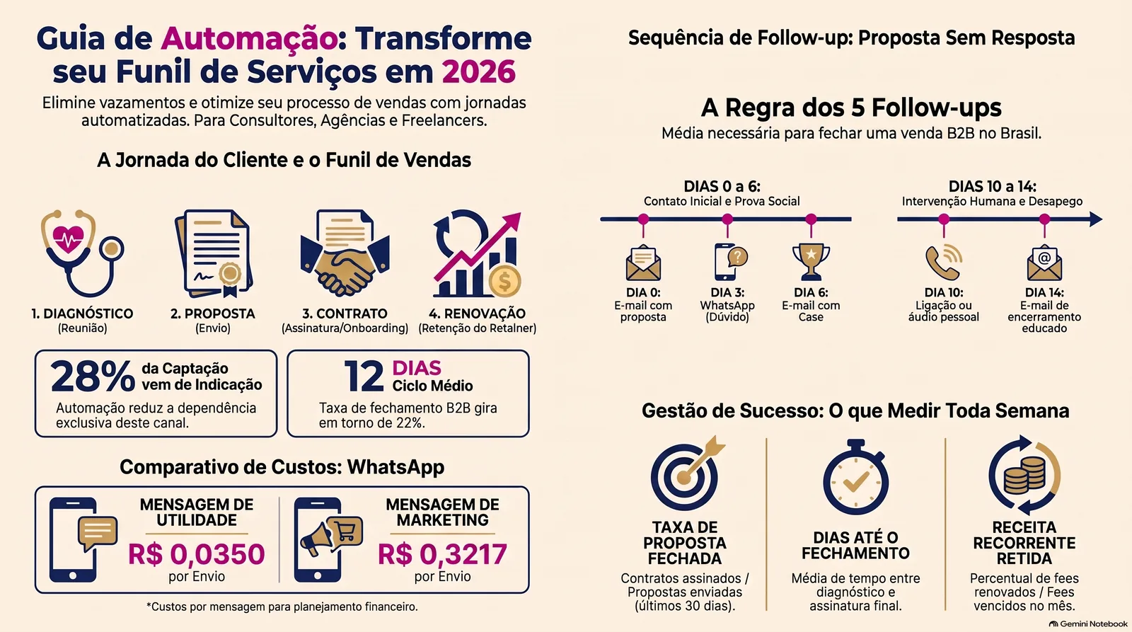 Infográfico com o resumo do guia: jornada em etapas, sequência da proposta sem resposta e os três números do painel semanal.