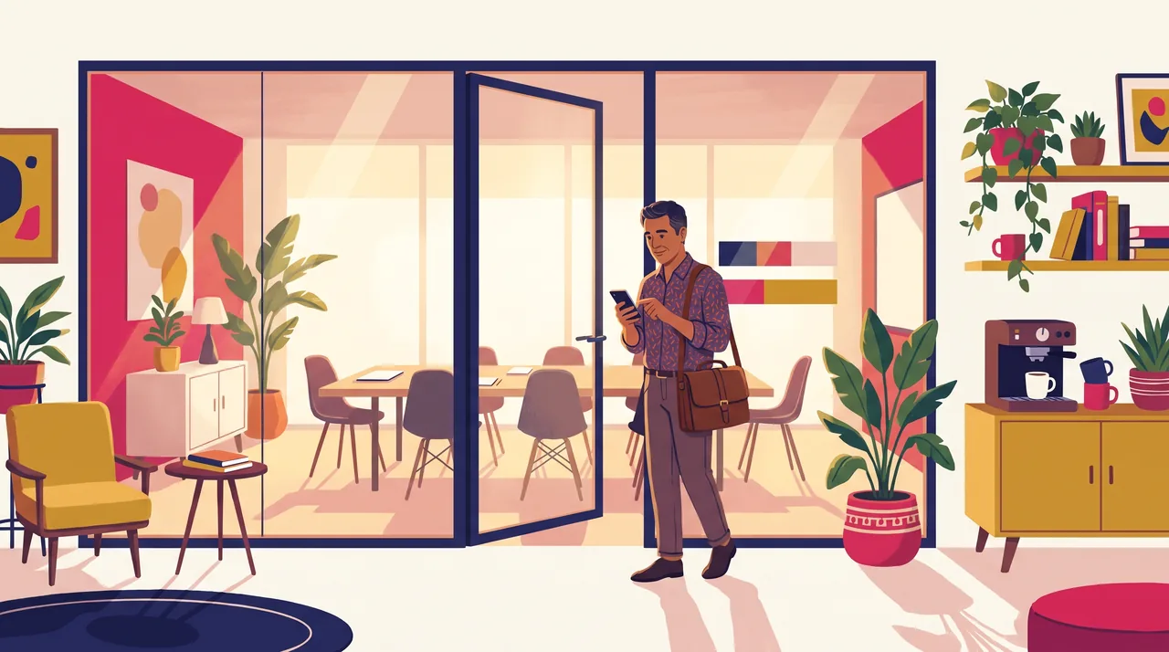 Consultor em corredor de coworking responde pelo celular a um lead novo, com a maleta a tiracolo entre duas reuniões.