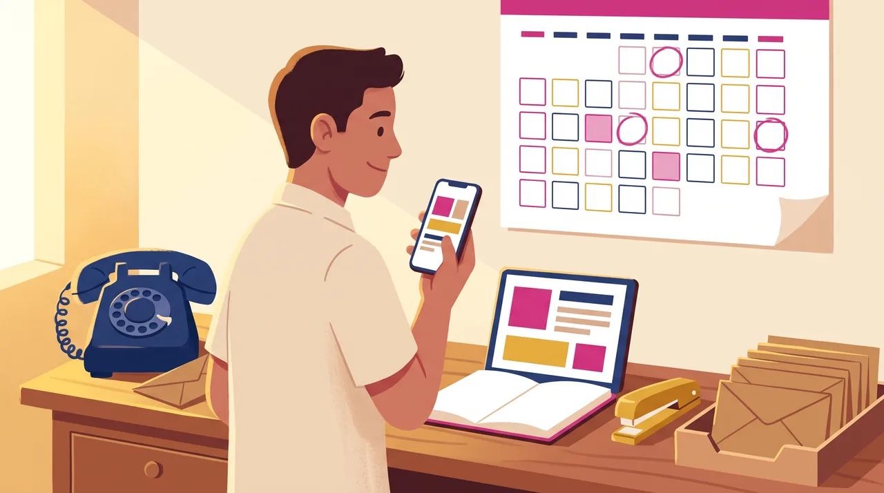 Contador de pe com o celular na mao ao lado de um telefone fixo no gancho, com calendario de parede marcado e bandejas de documentos organizadas.