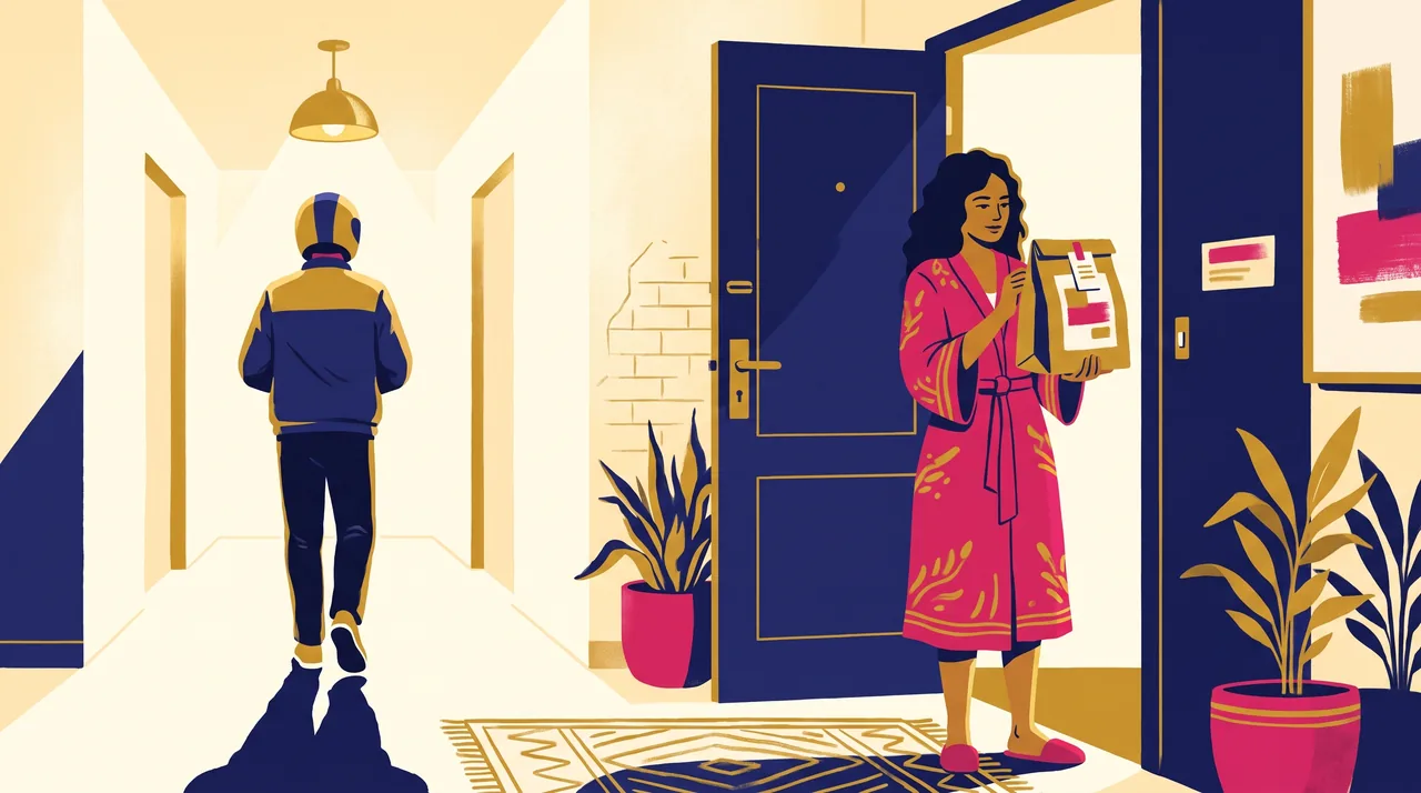 Cliente recebe sacola de comida na porta do apartamento e confere a etiqueta do pedido, com o entregador de capacete ao fundo.