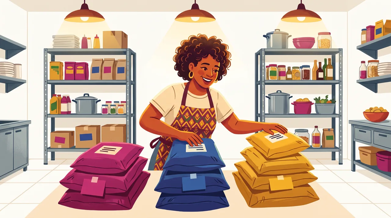 Bancada de expedição com três pilhas de embalagens de marcas diferentes saindo da mesma cozinha, com etiquetas coloridas por marca.