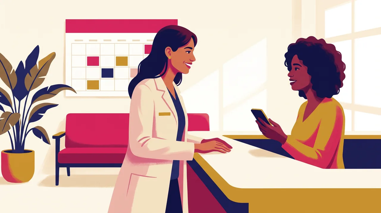 Dentista e recepcionista conversam na recepção de um consultório pequeno, com agenda de parede ao fundo.