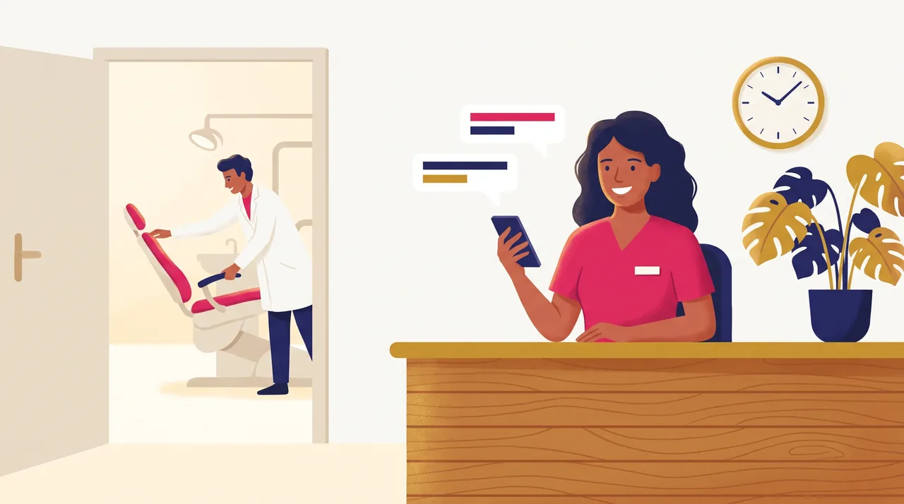 Recepcionista atende pelo celular no balcão de um consultório pequeno; ao fundo, o dentista ajusta a cadeira vazia.