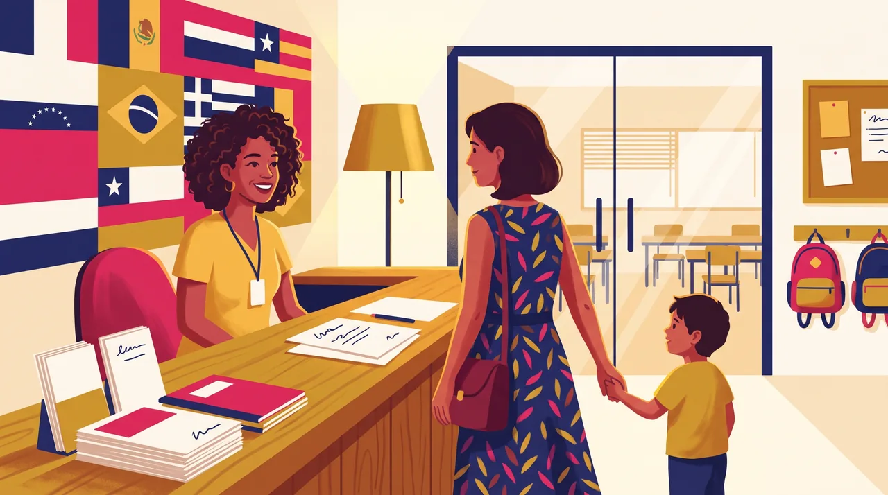Secretária recebe mãe e criança na recepção de uma escola de idiomas, com mural de bandeiras e folhetos em branco sobre a mesa, antes da aula experimental.