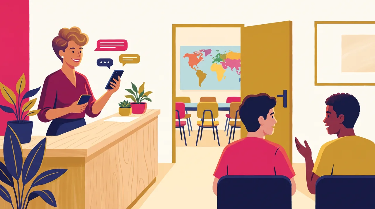 Recepção de escola de idiomas com atendente ao telefone, celular com balões de conversa em branco e sala de aula ao fundo.