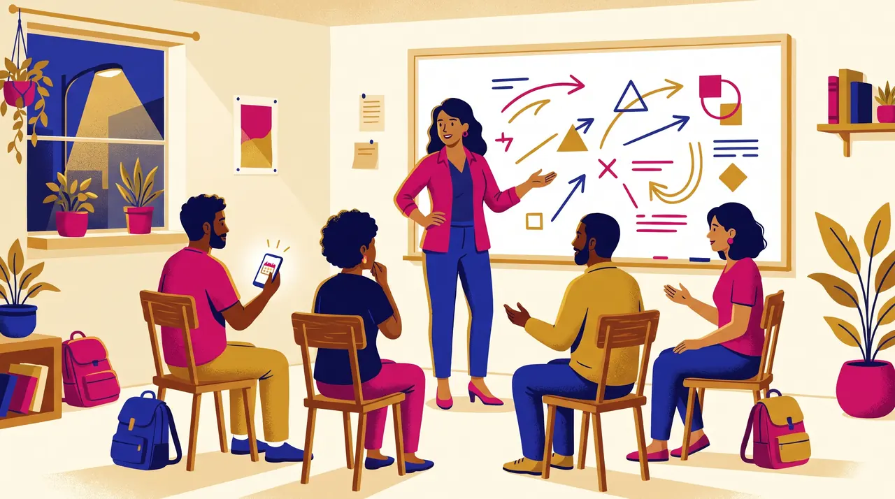 Professora em sala pequena de curso livre à noite, alunos adultos em semicírculo e um celular com ícone de calendário na mão.