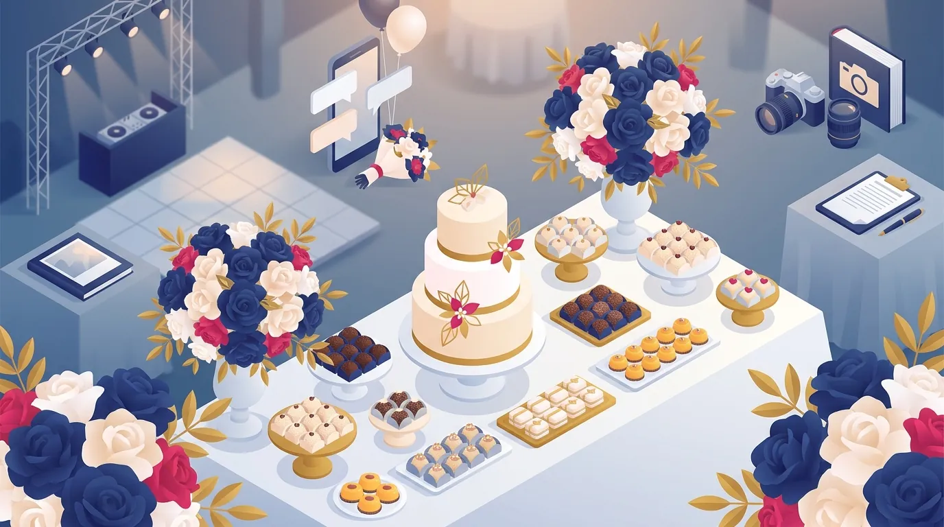 Mesa de doces de casamento montada, com bolo e arranjos florais, em um salão de festas.