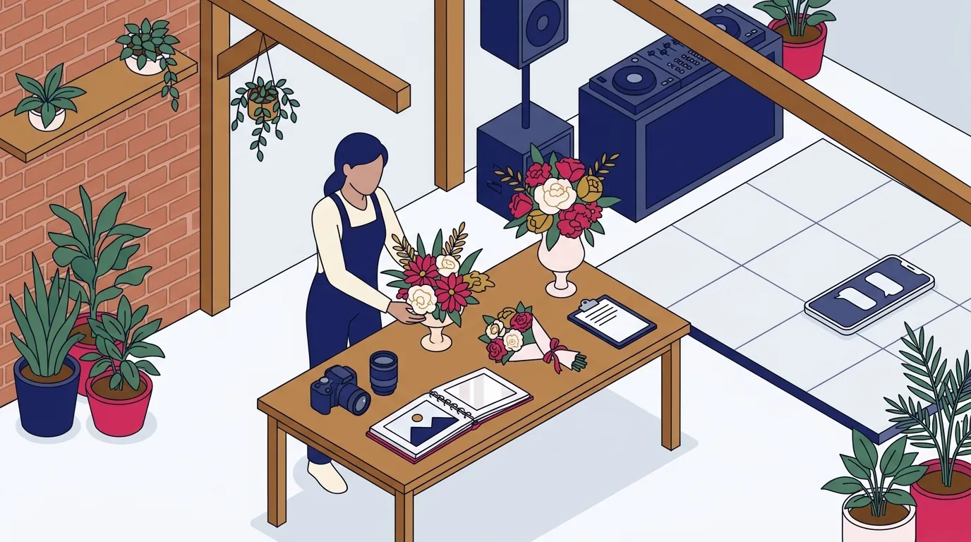 Decorador organizando arranjos de flores em um salão de festas antes da montagem do evento.